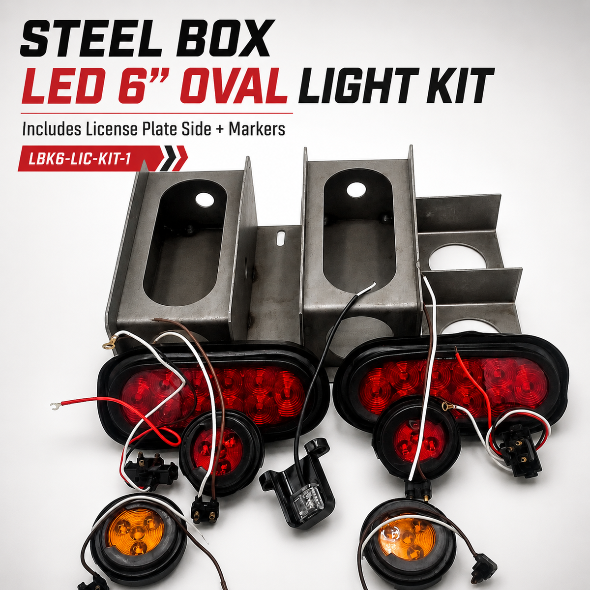 Steel Box LED 6 Oval Light Kit Trailer Truck Camper W/License Holder + Markers (LBK6-LIC-KIT-1)