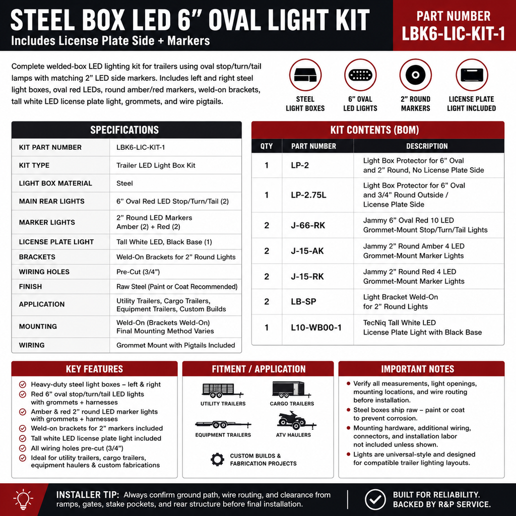 Steel Box LED 6 Oval Light Kit Trailer Truck Camper W/License Holder + Markers (LBK6-LIC-KIT-1)