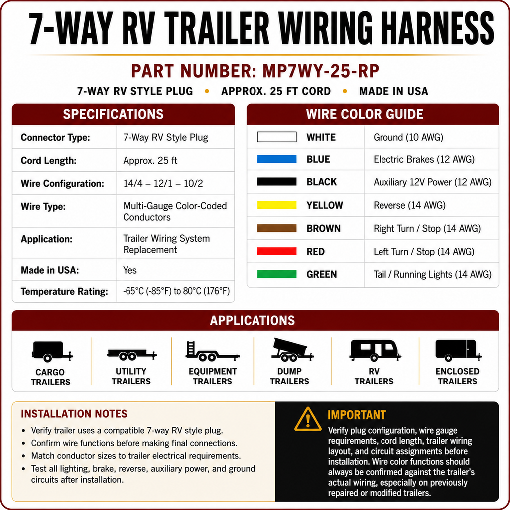 Pre-Assembled 7-Way RV Trailer Plug Wiring Harness – 25 ft (MP7WY-25-RP)