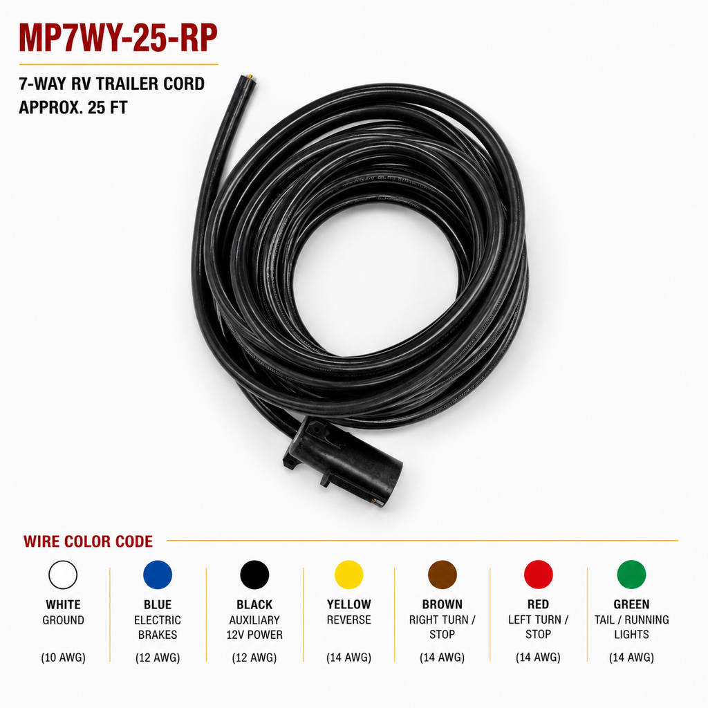 Pre-Assembled 7-Way RV Trailer Plug Wiring Harness – 25 ft (MP7WY-25-RP)