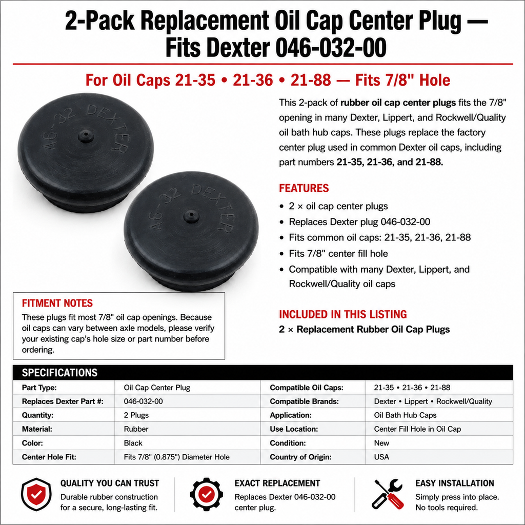 Pair Oil plug Center plug for hole in center of oil cap Replaces Dexter 046-032-00 Plug Fits 21-35 21-36 21-88 Caps(OC-Rubber Plug-LOTOF2)