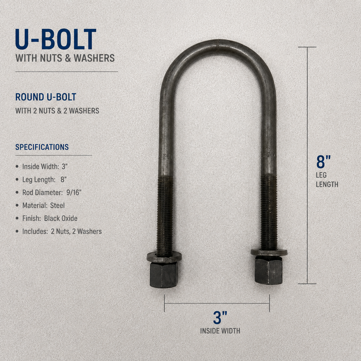 Trailer Suspension U-Bolt Kit — 9/16" x 3" x 8" with Nuts & Washers (R91618)