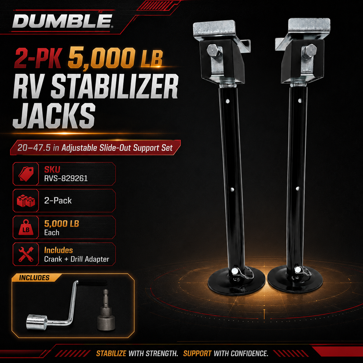 DUMBLE - 5,000 lb RV Stabilizer Jacks, 20-47.5" - Standard 2 Pack (RVS-829261)