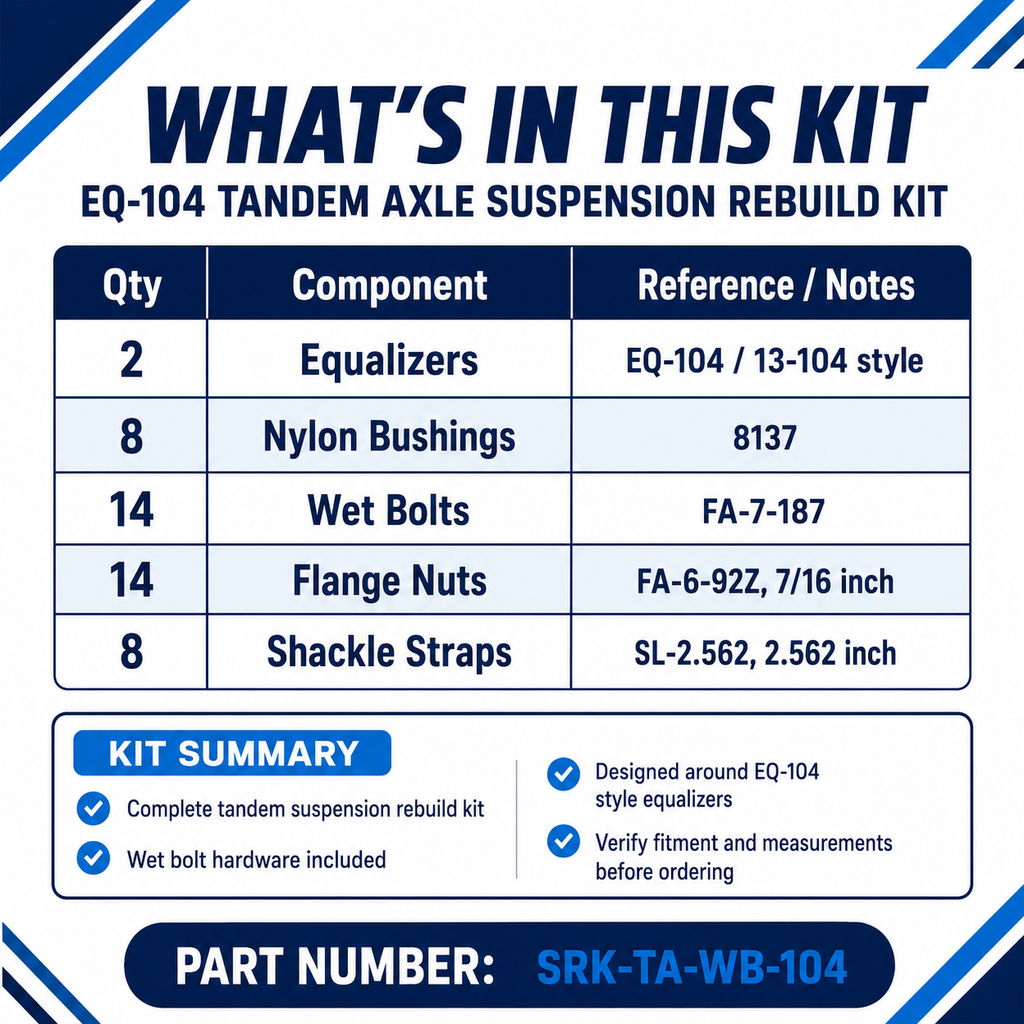 Tandem Rebuild Kit, Wet Bolts, 2.562 Shackle Straps, Eq-104, Nylon Bushings (SRK-TA-WB-104)