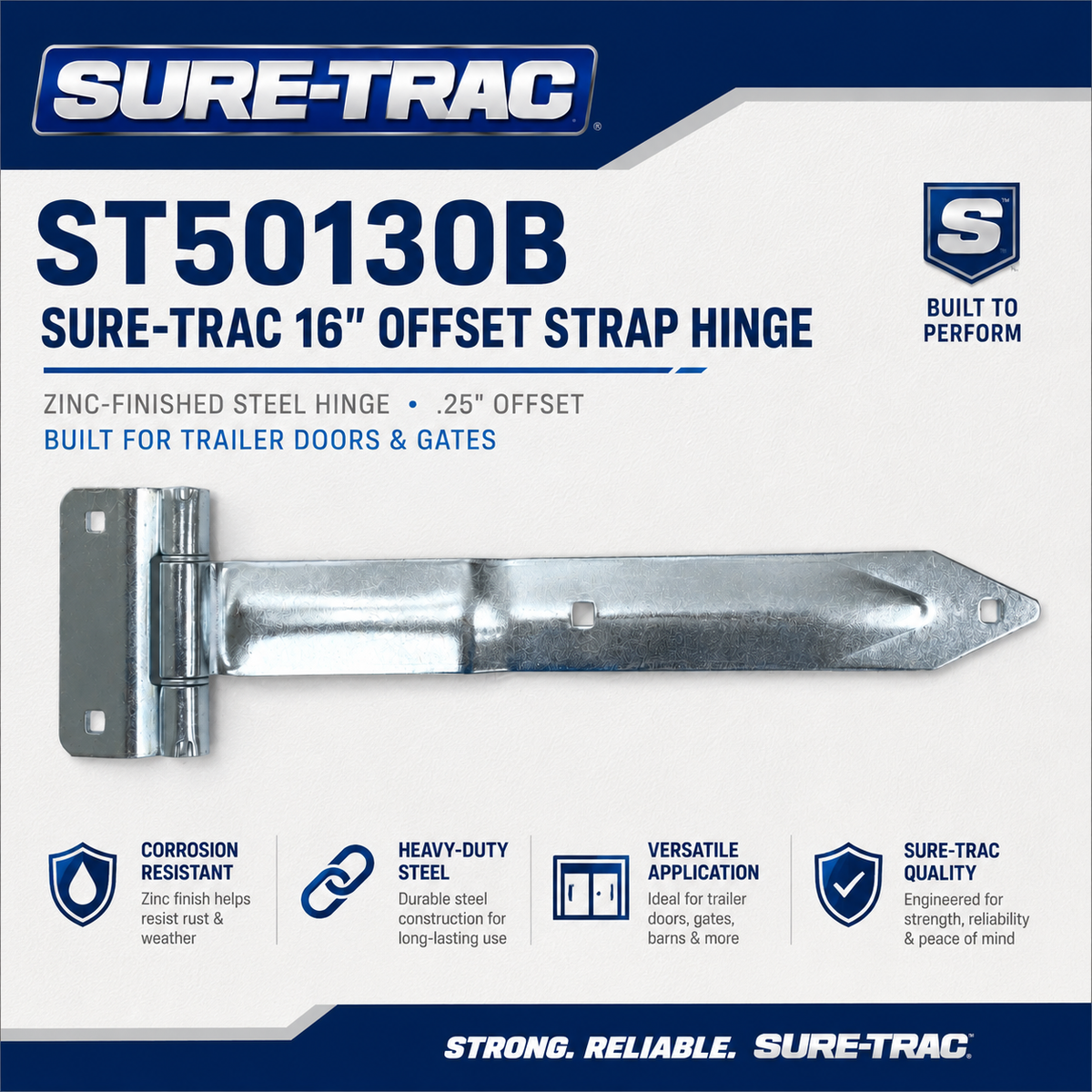 Sure-Trac Enclosed Trailer Double Door Strap Hinge – 16" Zinc Steel, .25" Offset (ST50130B)
