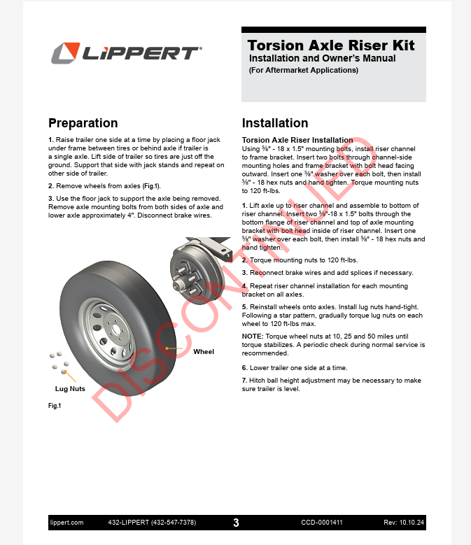 Lippert 4400# Axle Riser Kit For LCI Torsion Trailer Axle  3-1/2" Lift  (164888)