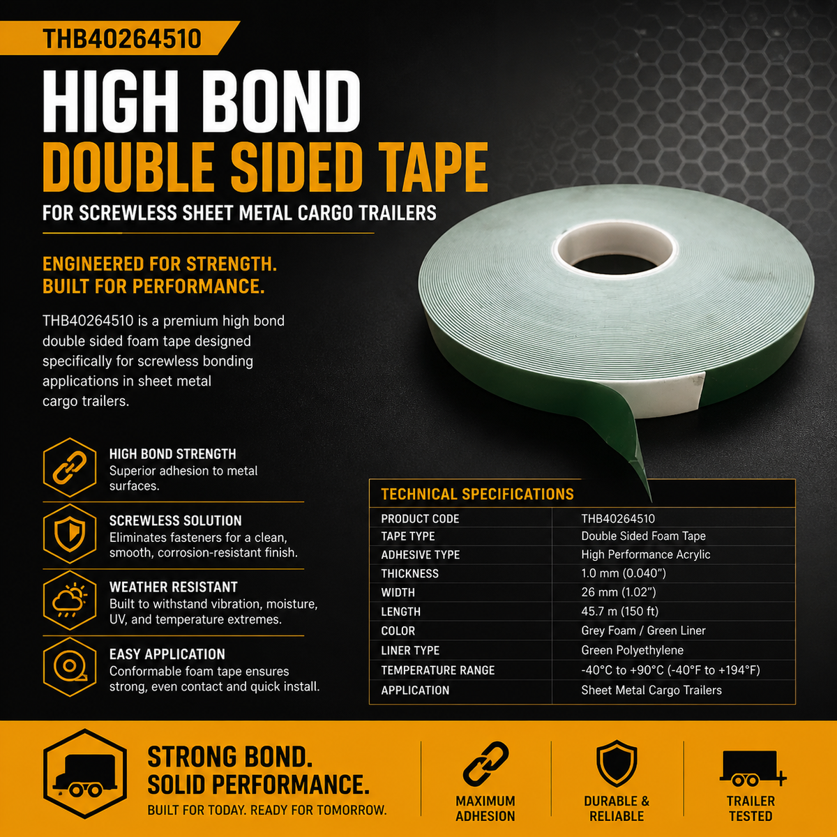 "High Bond" Double Sided Tape for Screwless Sheet Metal Cargo Trailers (THB40264510)