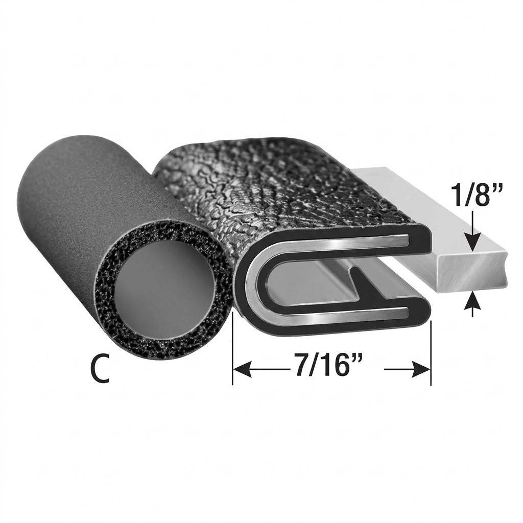 1 FT - 1/8" Black Trim Lok w/ 1/2" Bulb on End Door Weather Seal Rubber  Edge Lock (TSB1600C-8)