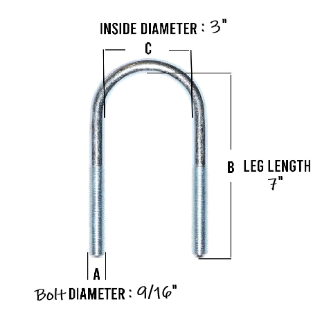 Round Zinc Plated U-Bolt 3" x 9/16" Diameter x 7" Long Fine Thread Grade 5 (UB-R303-ZP)