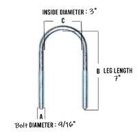 Round Zinc Plated U-Bolt 3" x 9/16" Diameter x 7" Long Fine Thread Grade 5 (UB-R303-ZP)