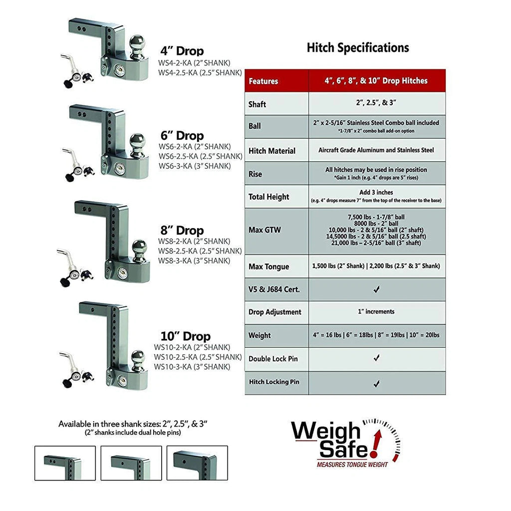 Weigh Safe 3" Locking Hitch & Ball Keyed Alike Mount 10" Drop 21k Rated (WS10-3-KA)