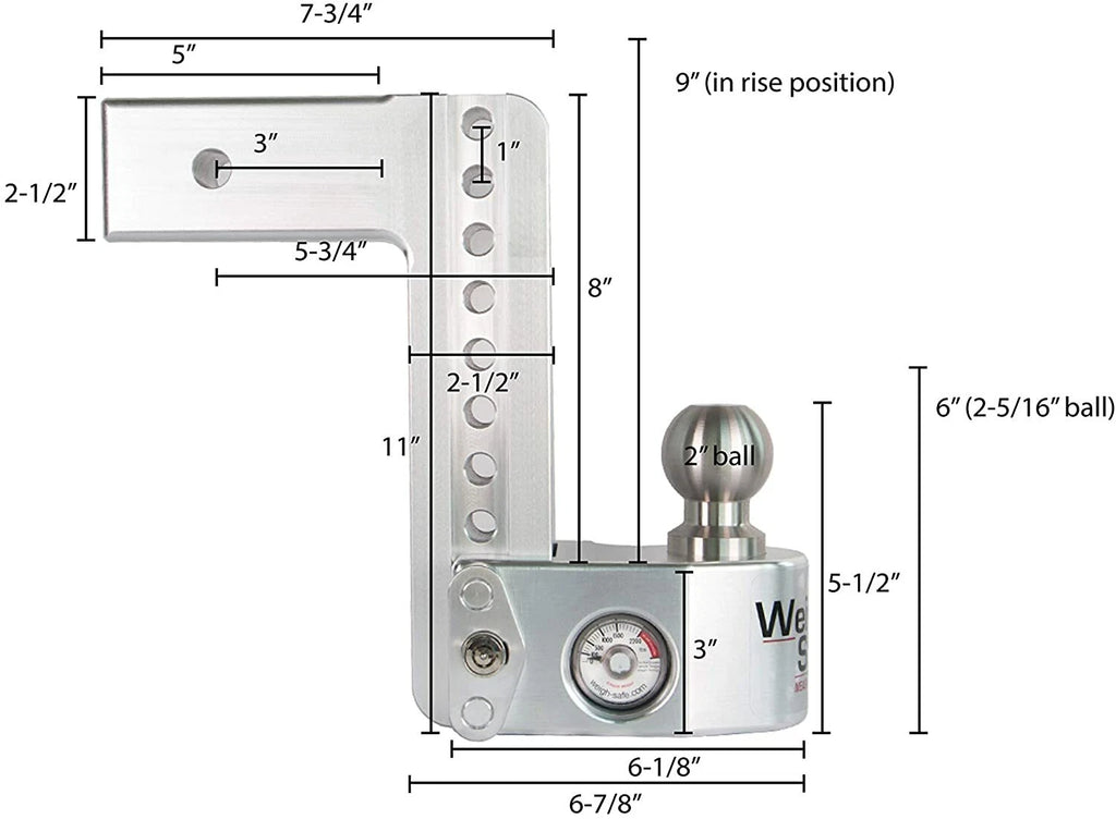 WeighSafe 2.5" Locking Hitch Pin & Ball Keyed Alike Mount 8" Drop 18.5k Rated (WS8-2.5-KA)