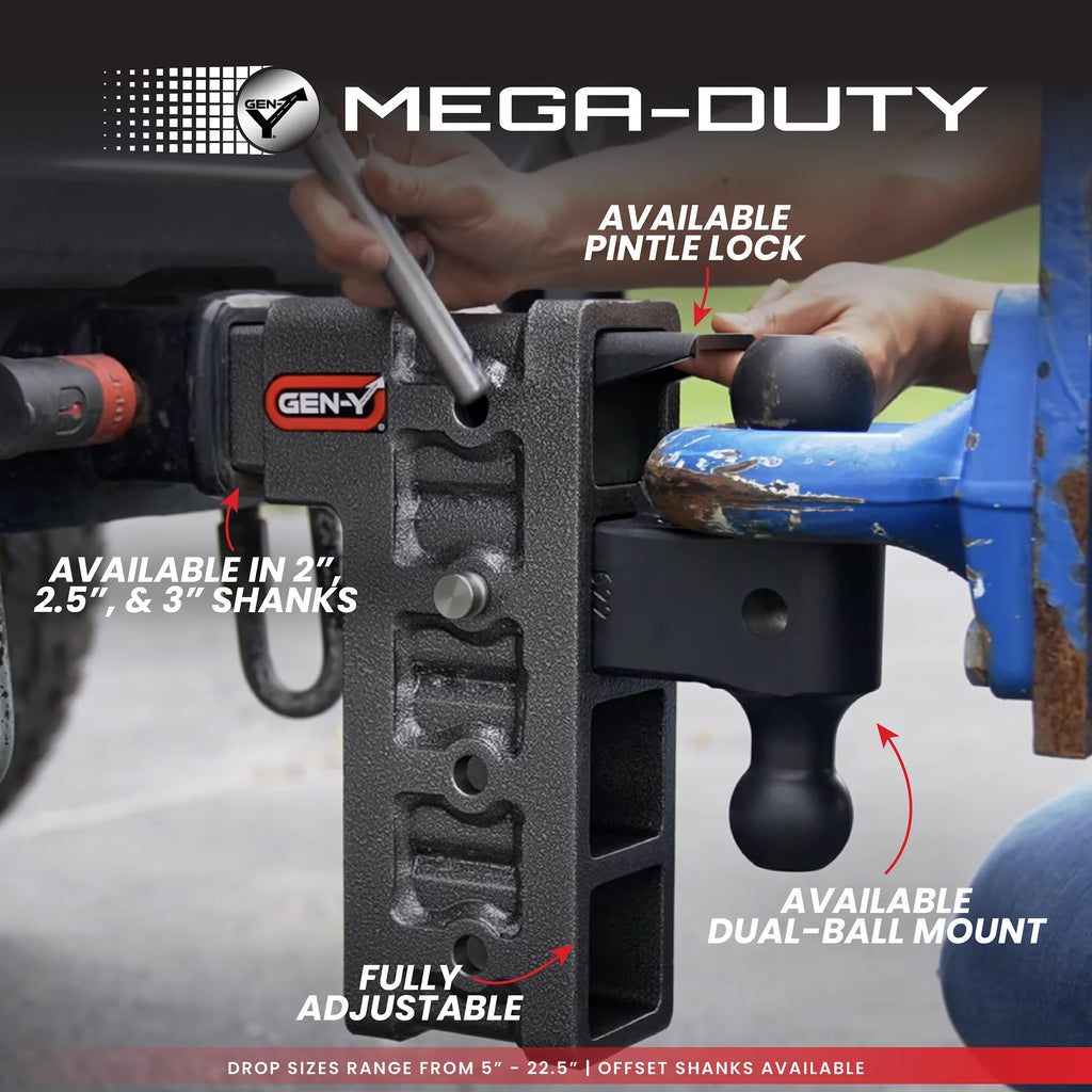 GEN-Y MEGA-DUTY 21K Adjustable Drop Hitch — 2.5" Receiver — 9" Drop — Dual Ball w/GH-061 Dual-Ball (GH-614)