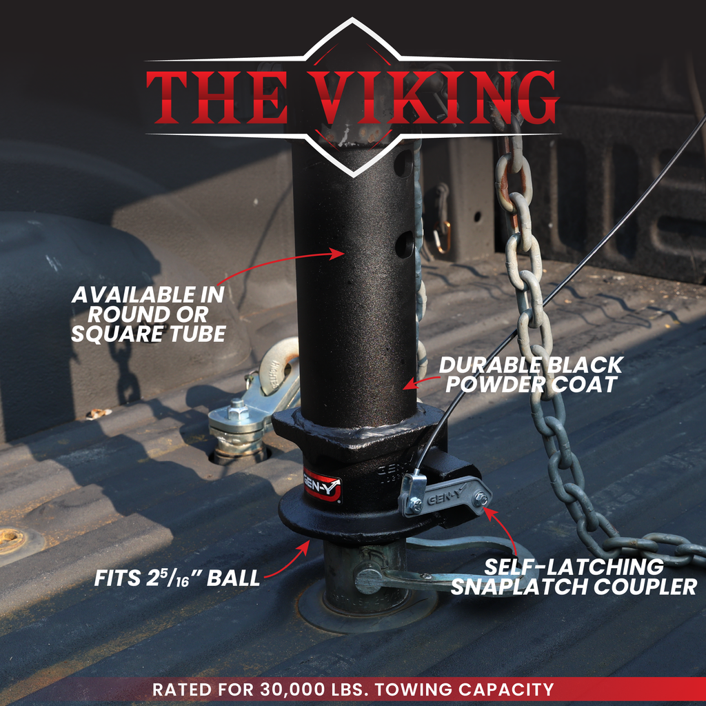 GEN-Y VIKING Gooseneck Static Hitch - SnapLatch 2-5/16" Coupler - 4" Square Tube - 8.5K TW - 30K Max Towing - With Pull Cable - Texture Black (GH-7101)