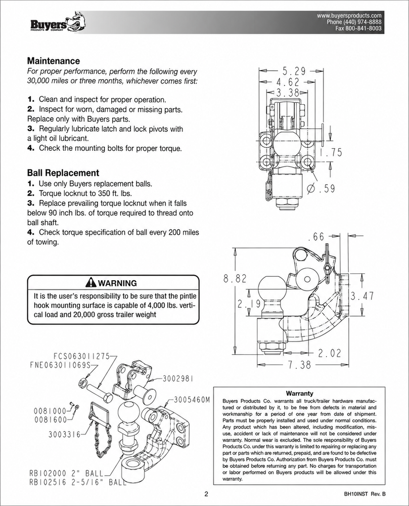 10 Ton Hook Trailer Pintle Combo Hitch with Mounting Kit - 2 Inch Ball - BH10 Series (10052)