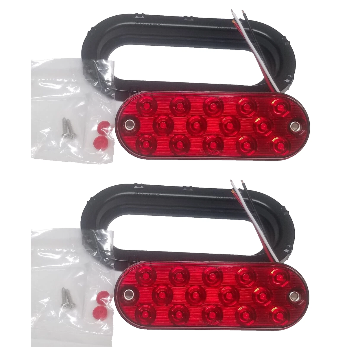 Two - Maxxima Red 6" Oval Low Profile LED Stop Tail Brake Lights with Two Grommets (M63350R + M50607-LOTOF2)