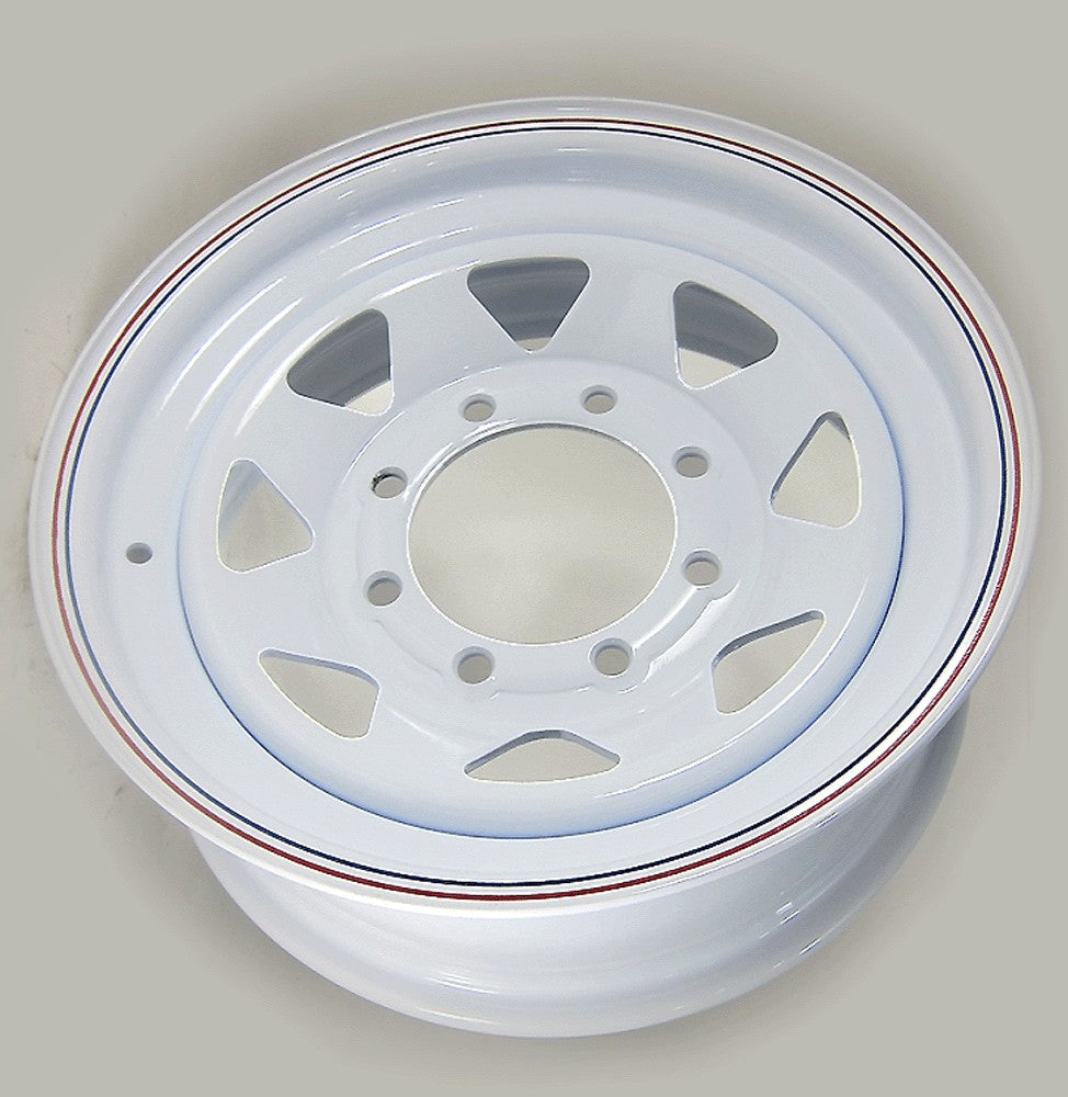 Need a Trailer Part 16x6 white steel wagon trailer wheel with 8 on 6.5 bolt pattern and red and blue pinstripe detail