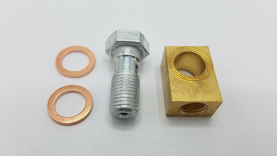 Banjo Bolt, Brass Block &amp; 2 Copper Washers — 7/16-20 Brake Caliper Trailer Kit (32275U+32307U+2x32230U)