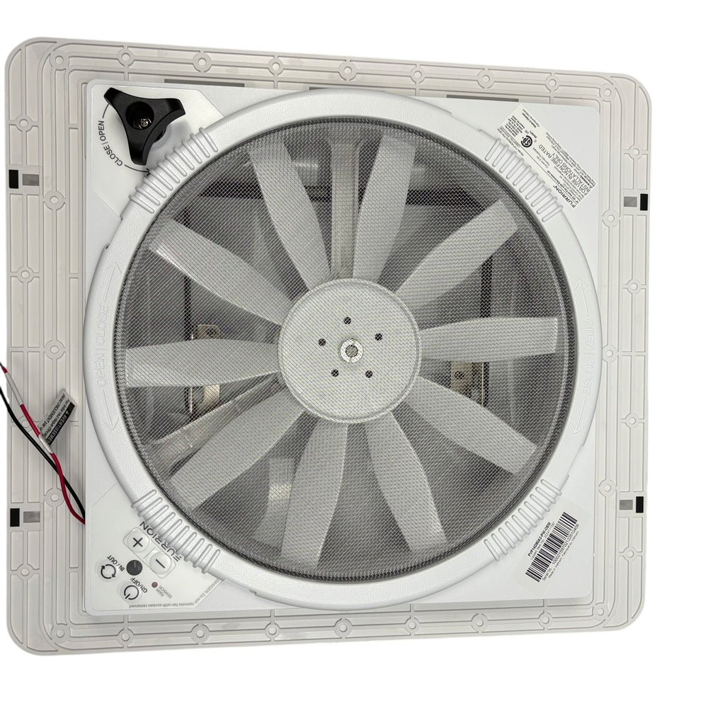 Furrion 14" 12V RV Roof Vent Fan Kit – Power Lid, Polar White, 6" Trim (2024111204)