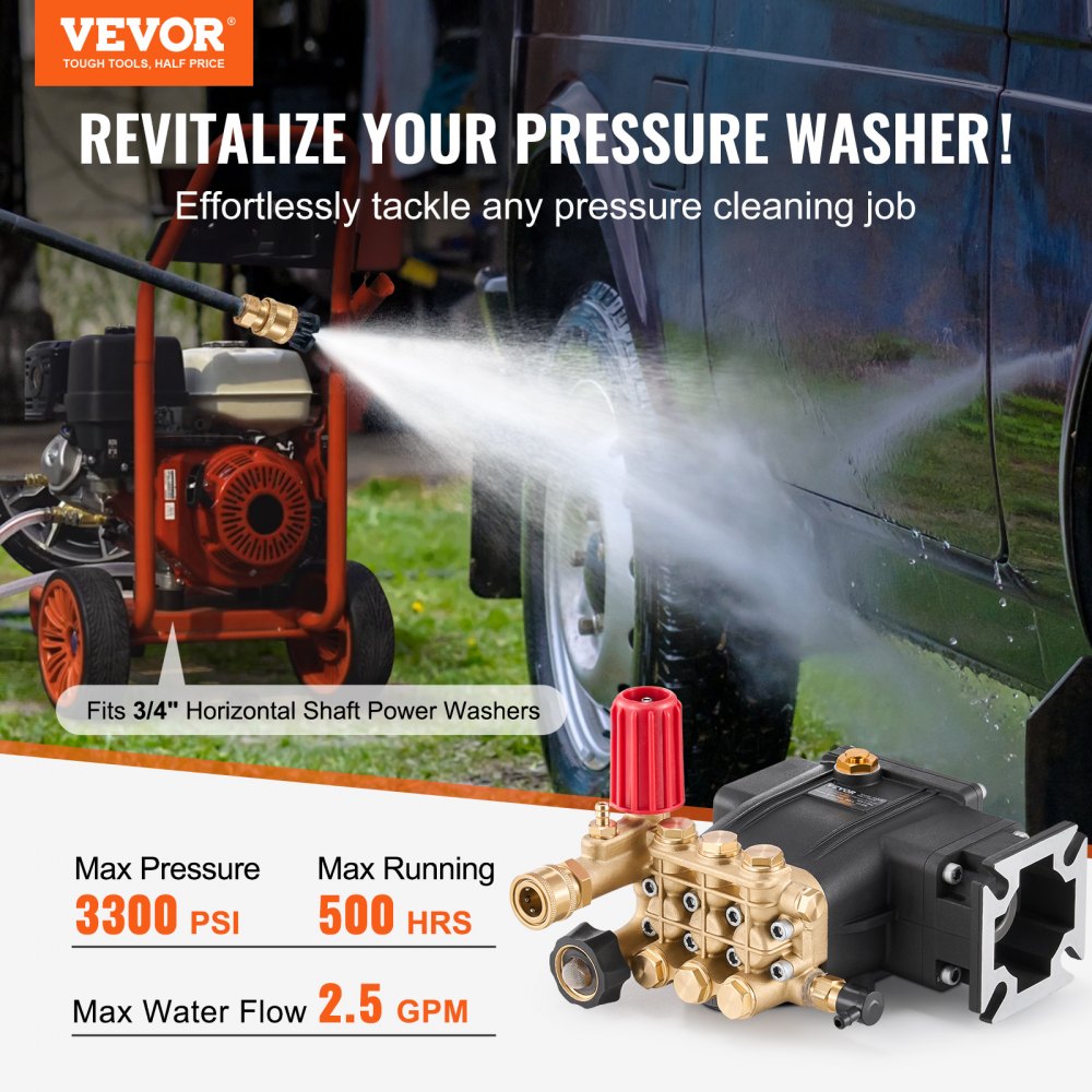 VEVOR Pressure Washer Pump 3/4" Shaft Horizontal 3300 PSI 3.0 GPM (GYB-3)