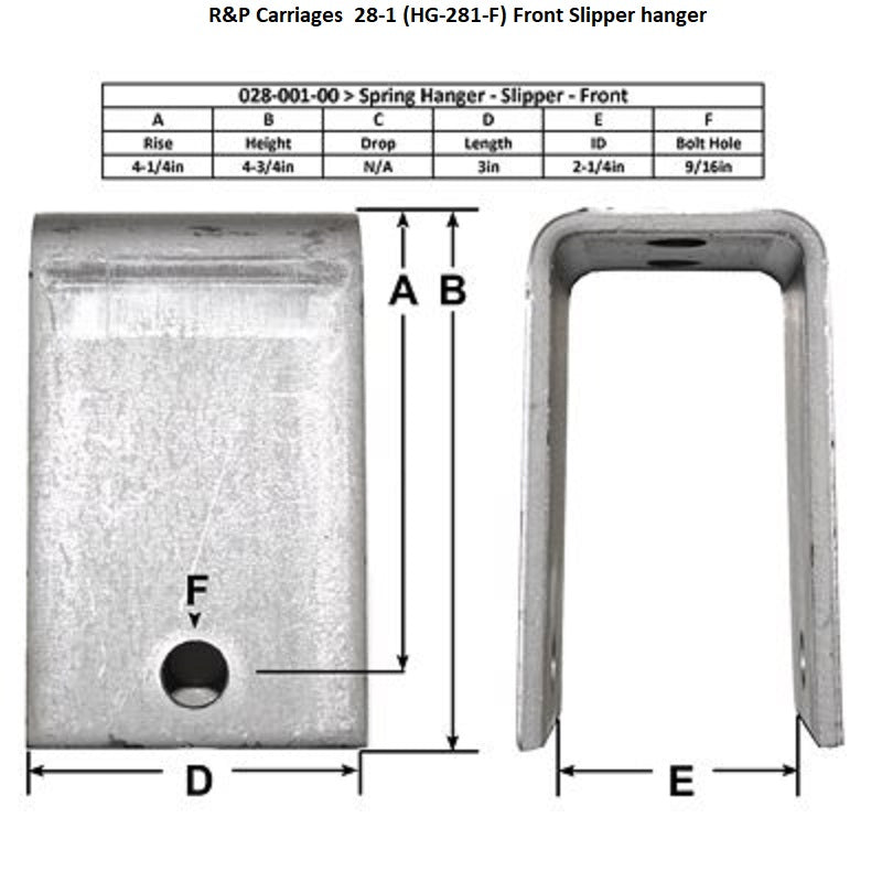 2" X 4-1/4" bolt height, Spring Hanger 028-001-00 Slipper spring, 3" long, 4.9" tall overall (HG-281-F)