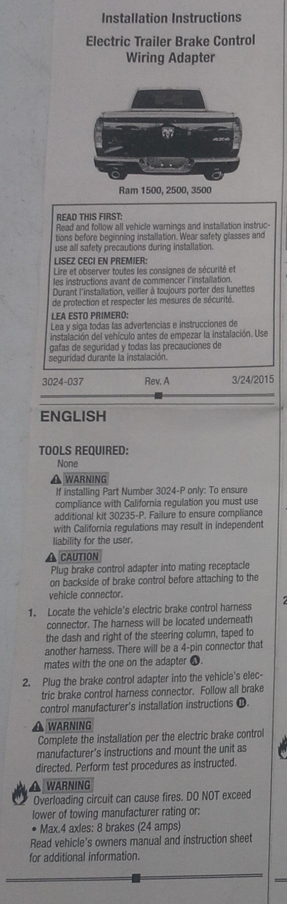 Trailer Brake Control Harness Tekonsha 3024-P 2015-Up Dodge Ram  (3024)