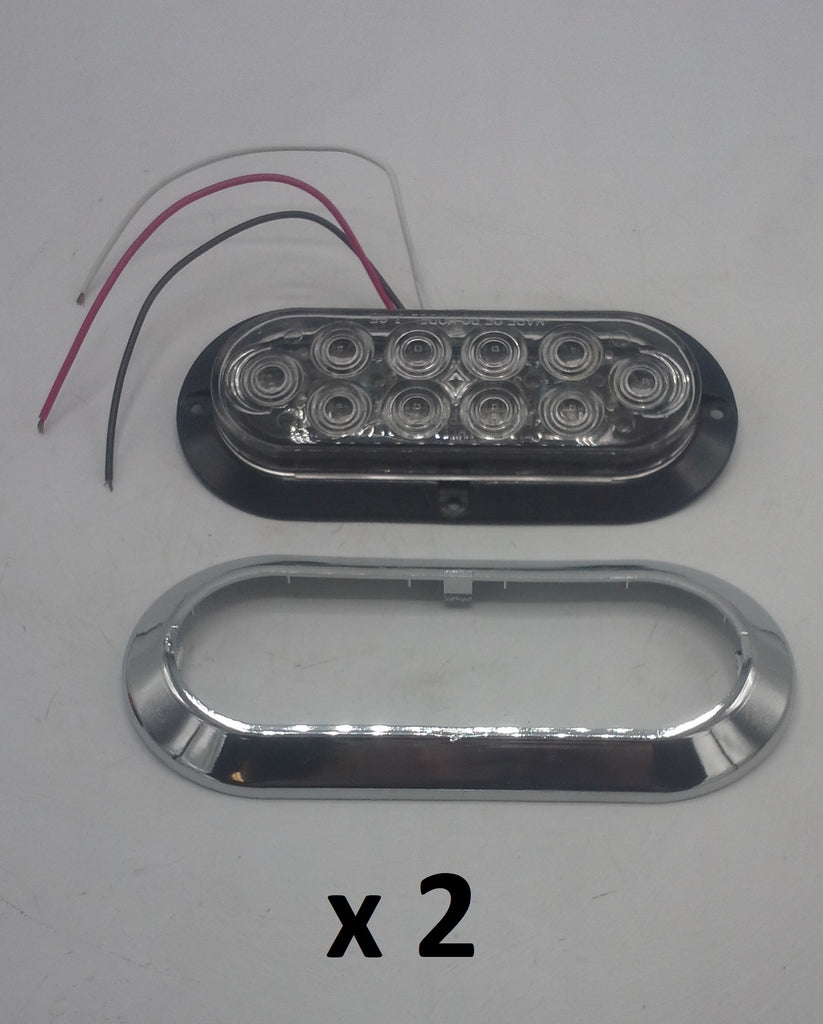 TWO 6"Oval Flange Surface Mount Red LED Clear Lens Trailer Light w Chrome Bezel(J-65-FRC + J-65-BZ-C-LOTOF2)