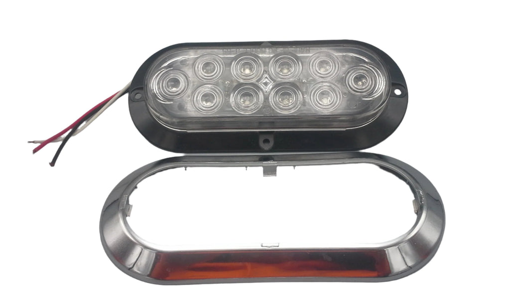 6" Oval Flange Mount 10 LED Clear Lens Red Truck Trailer Light w/bezel (J-65-FRC + J-65-BZ-C)