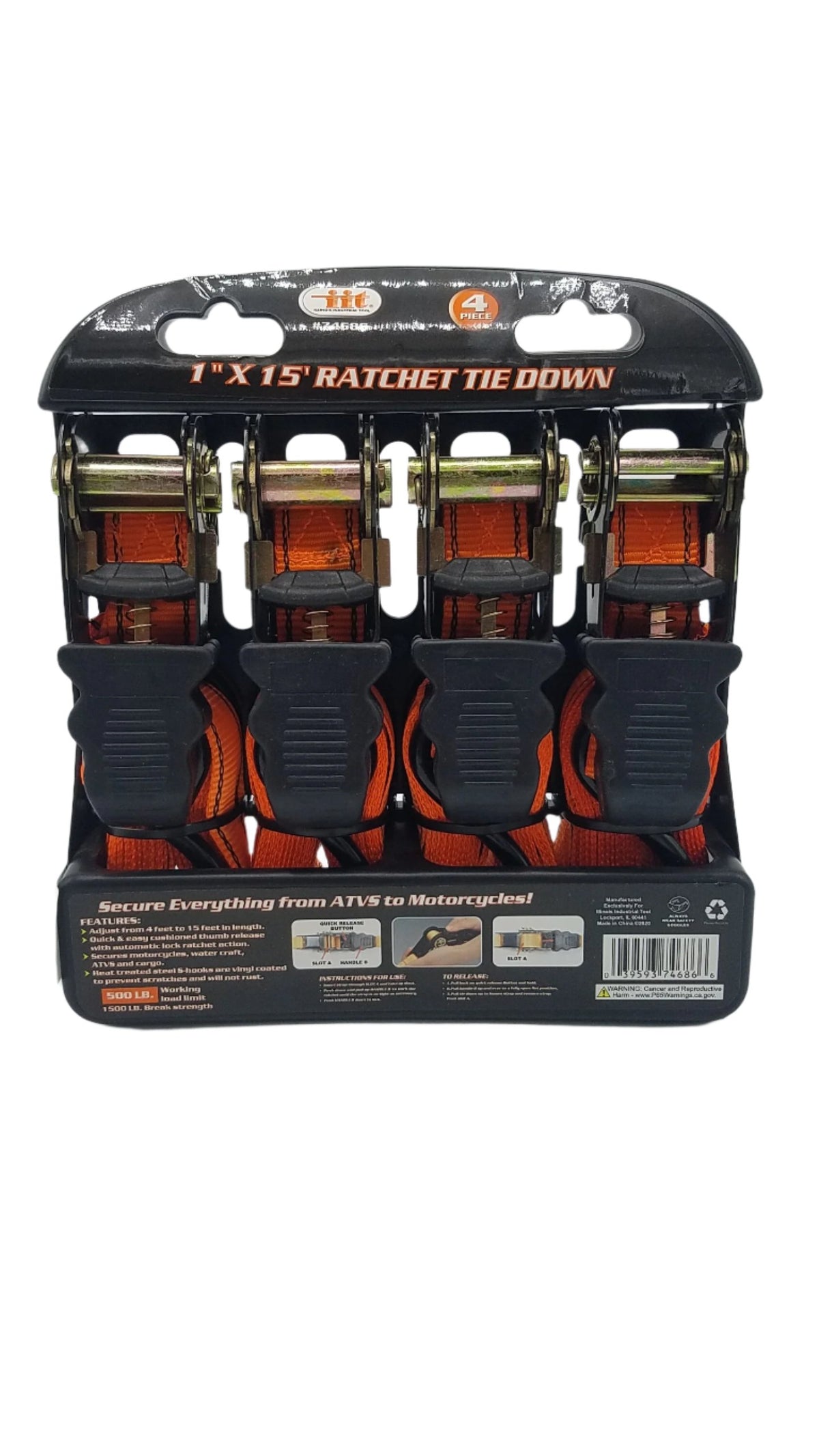 IIT 74686 1-Inch X 15-Feet Ratcheting Tie Downs, 4-Piece (74686)