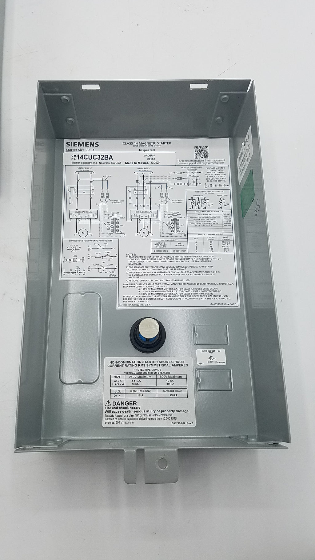Siemens Electric Starter 120/220 to 240 VAC 3 to 12 Amp 5 Hp 3-Phase 3-Pole Size 0 Non-Reversing NEMA Motor Starter (14CUC32BA)