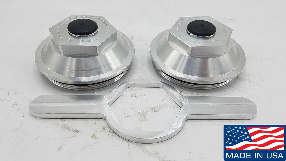Two - Billet Aluminum Trailer Oil Bath Caps 4"-12 Thread with Wrench (21-36-BILLET-WRENCH-KITX2)
