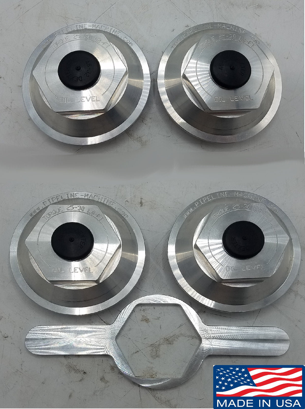Four - Billet Aluminum Trailer Oil Bath Caps 4"-12 Thread with Wrench (21-36-BILLET-WRENCH-KITX4)