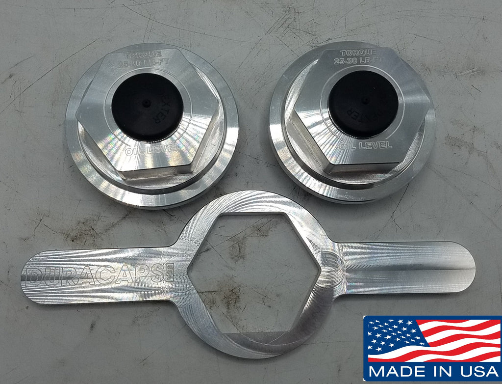 Two - Billet Aluminum Oil Bath Trailer Caps 2.875"-12 Thread with Wrench (21-35-BILLET-WRENCH-KITX2)