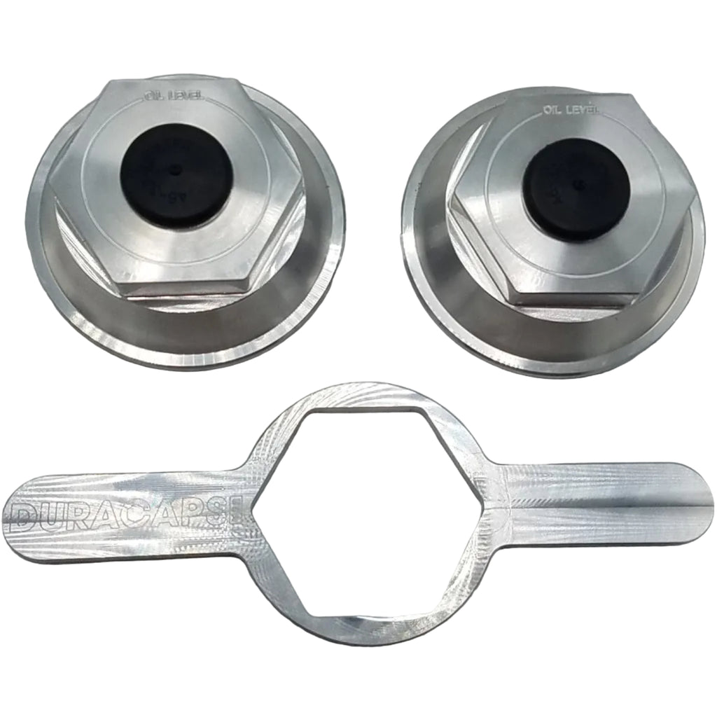 Two - Billet Aluminum Trailer Oil Bath Caps 3.5"-12 Thread with Wrench (21-88-BILLET-WRENCH-KITX2)