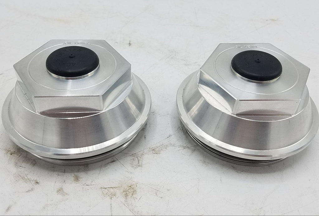 Two - Billet Aluminum Trailer Oil Bath Caps 3.5"-12 Thread with Wrench (21-88-BILLET-WRENCH-KITX2)
