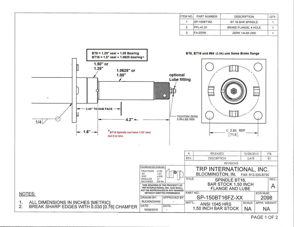 Replacement Axle Stub 2000# 5x4.5 Hub with 1.5" Flanged Round Spindle (BYOAK-545BT16FZ-KIT)