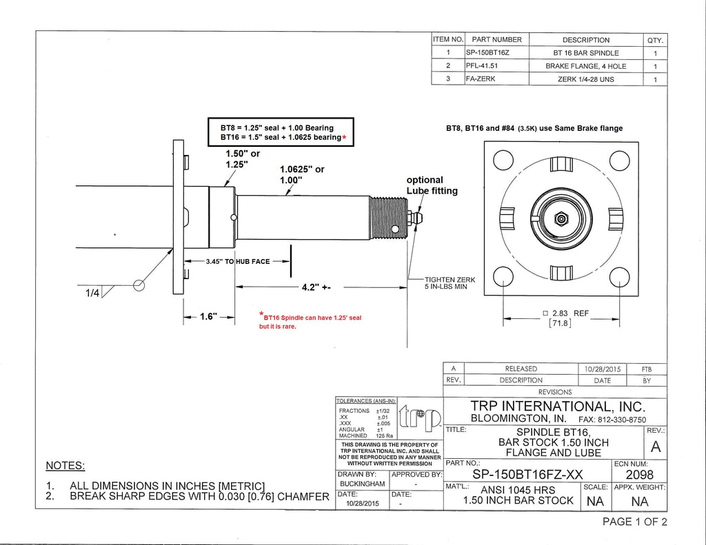 Trailer Spindle for 2000# Axle Shaft EZ Lube Windmill w/ Brake Flange (SP-150BT16FZ)