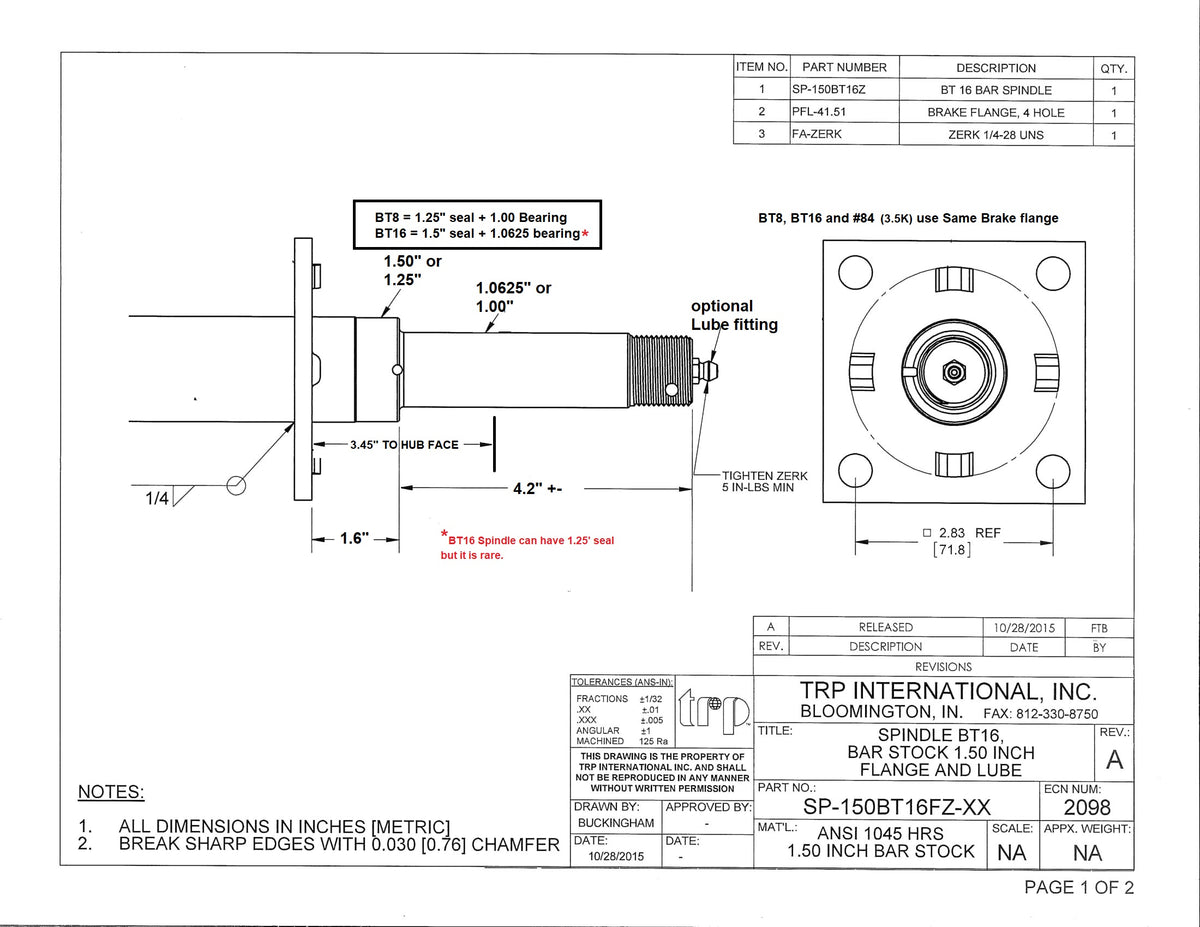 Trailer Spindle for 2000# Axle Shaft EZ Lube Windmill w/ Brake Flange (SP-150BT16FZ)