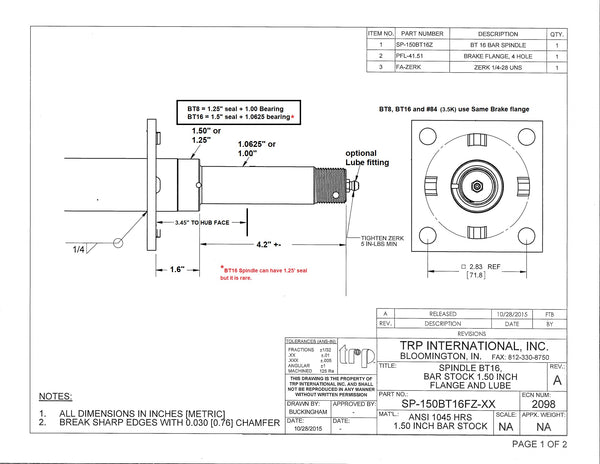 Trailer Spindle for 2000# Axle Shaft EZ Lube Windmill w/ Brake Flange (SP-150BT16FZ)