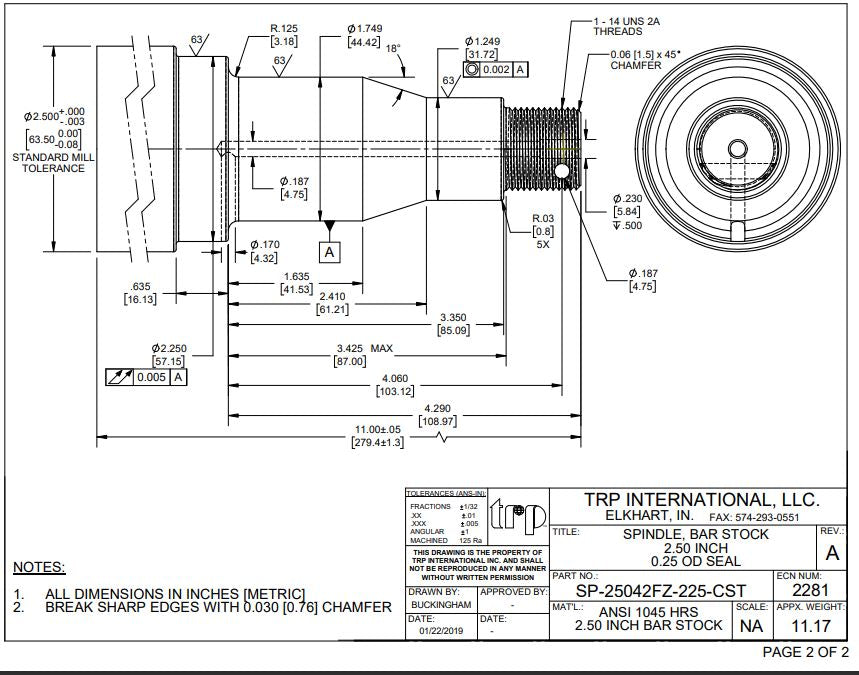 7000# Round Spindle #42 2.50 x 6 EZ Lube Flanged (SP-25042FZ-225)