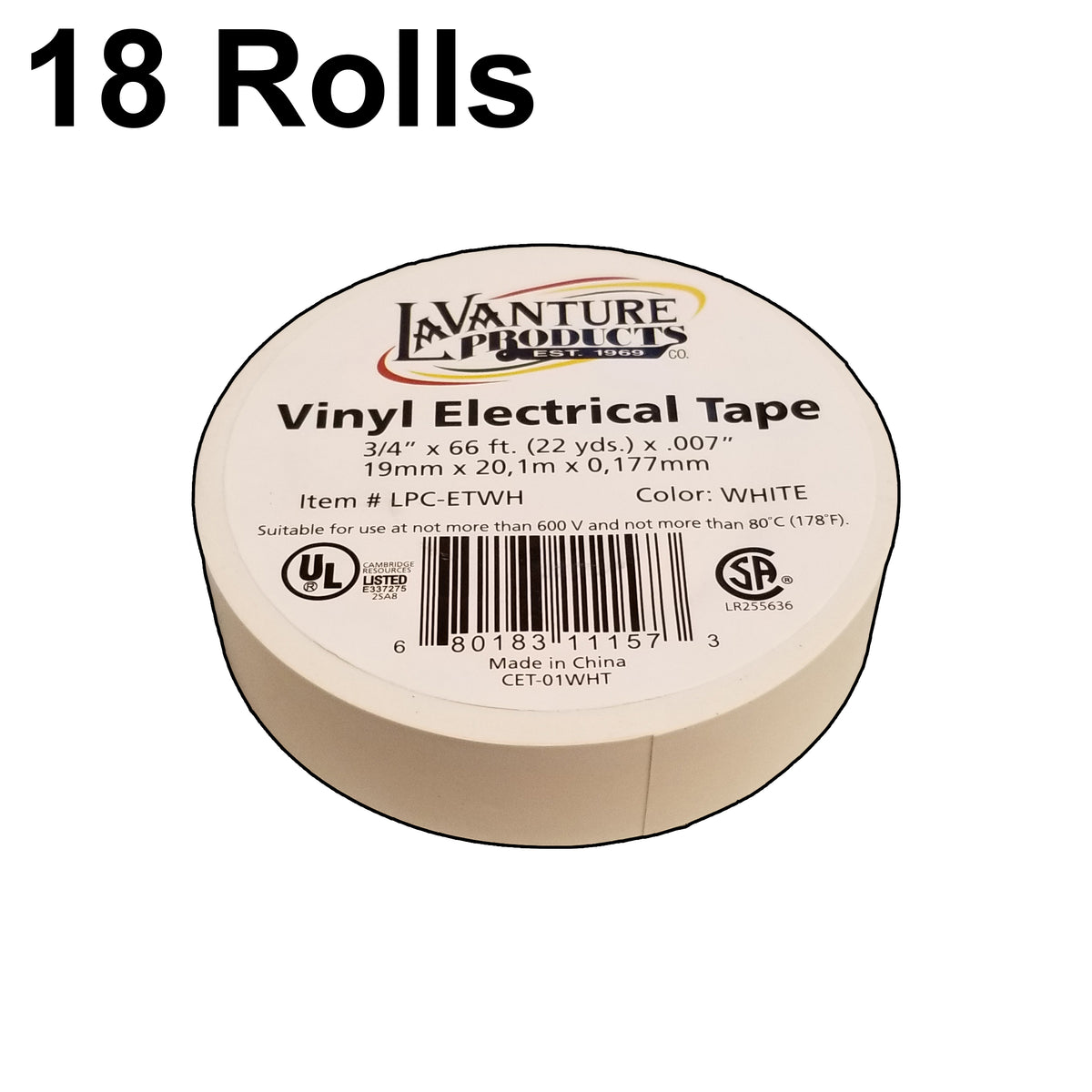 18 Rolls of White Electrical Tape 3/4" X 66'  LaVanture (LPC-ETWH-18)