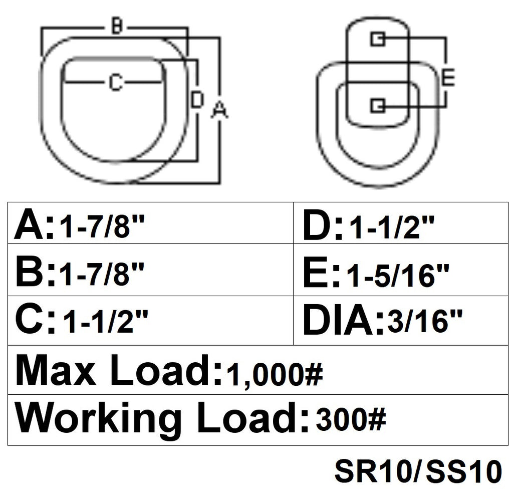 4 - 3/16" Stainless Steel Tie Down Lashing D Rings 1000# Rated Trailer  (SS10-L4)
