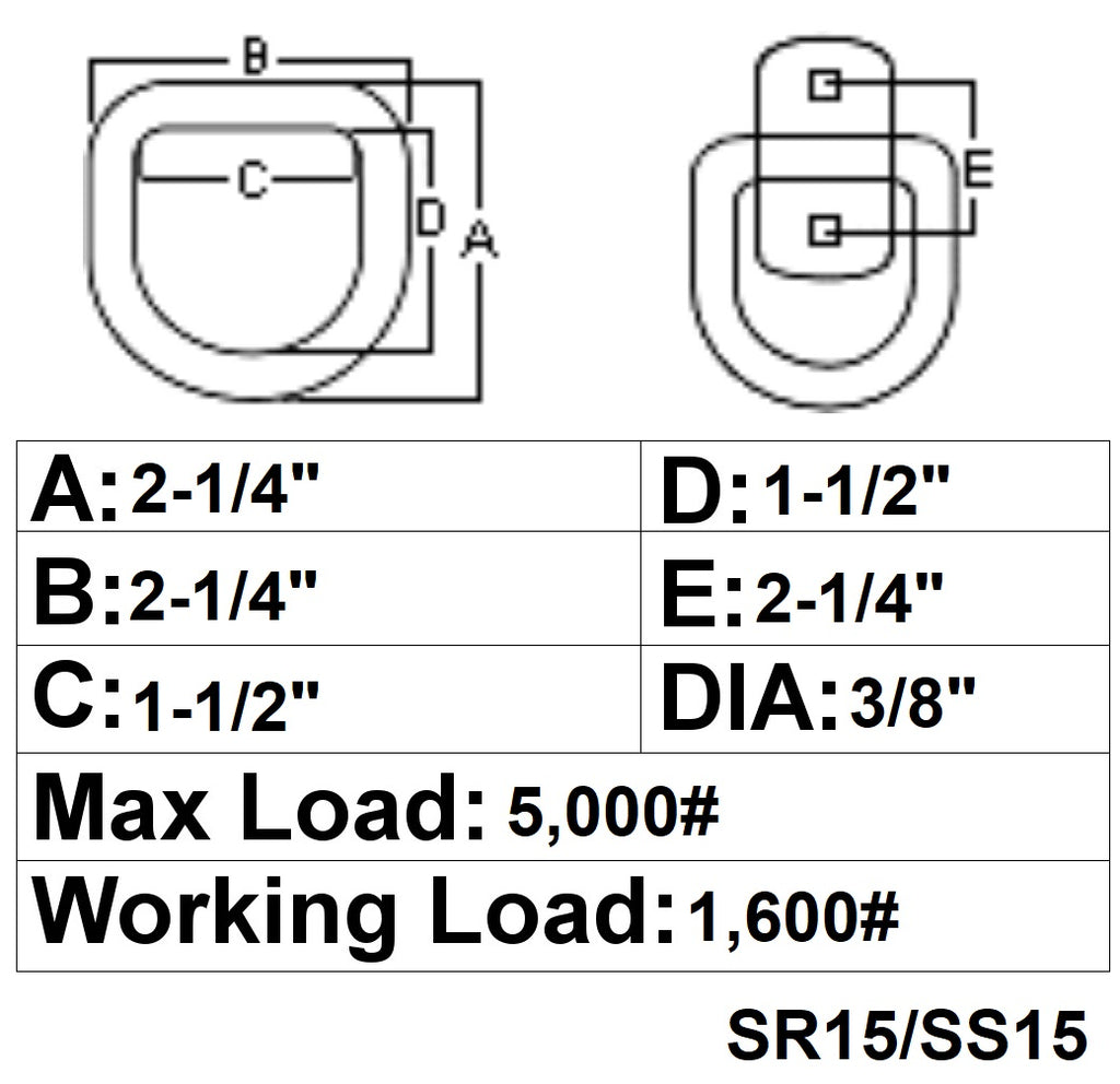 4 - 3/8" Stainless Steel D Ring Rope Chain Tie Down Trailer Kit with SS Bolts  (SS15K-LOTOF4)