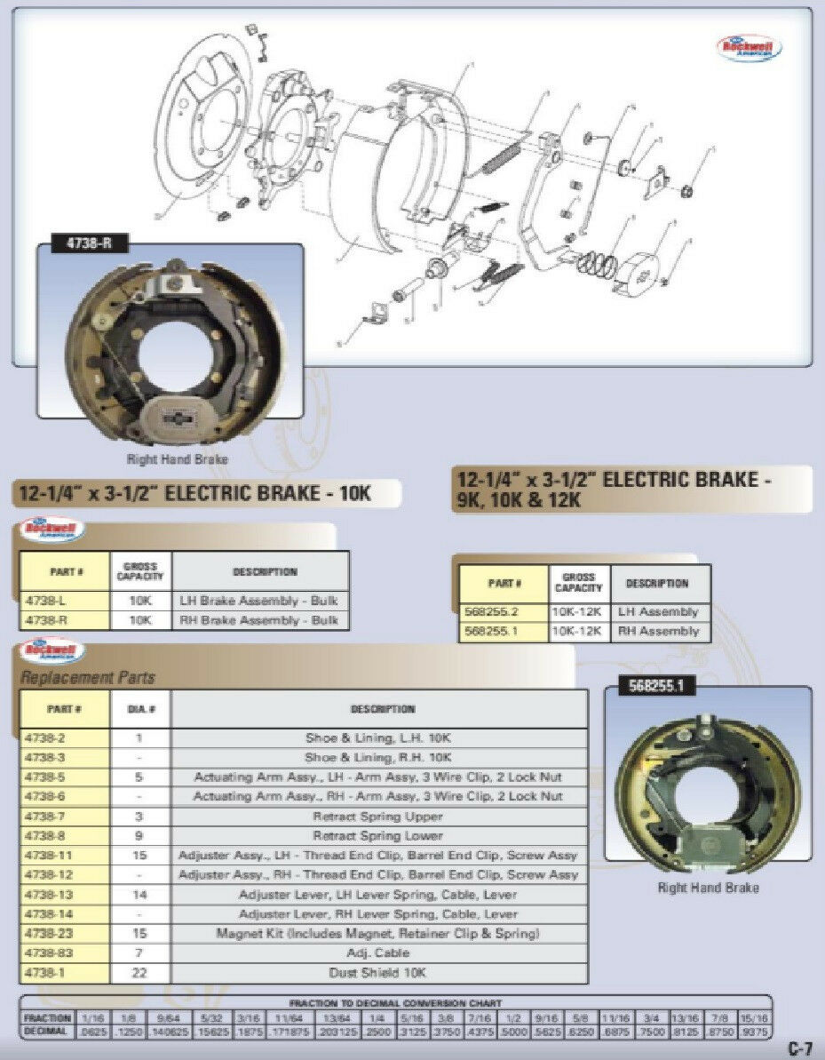 12-1/4" x 3-1/2" 10K Right Electric Backing Plate Trailer Brake Rockwell Quality (4738-R)