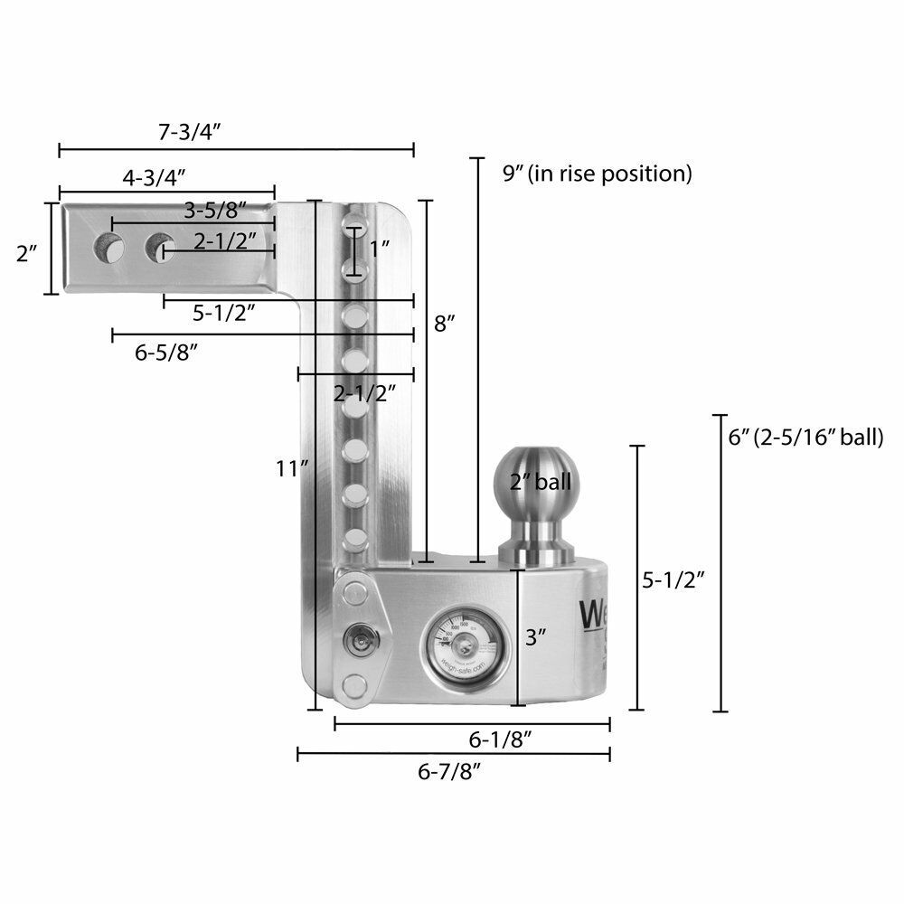 Weigh Safe 2" Locking Hitch Pin & Ball Keyed Alike Mount 8" Drop 10k Rated (WS8-2-KA)