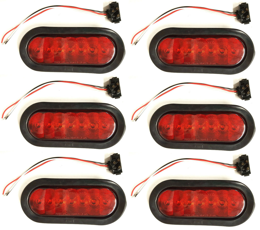 SIX - 6" LED Light Oval Stop Turn Tail Red Red 7 Diode Grommet Trailer Truck RV (J-67-R-LOTOF6)