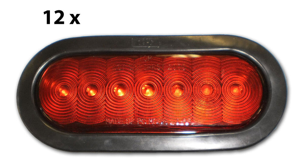 12- 6" LED Light Oval Stop Turn Tail Red Red 7 Diode Grommet Trailer Truck RV (J-67-R-LOTOF12)