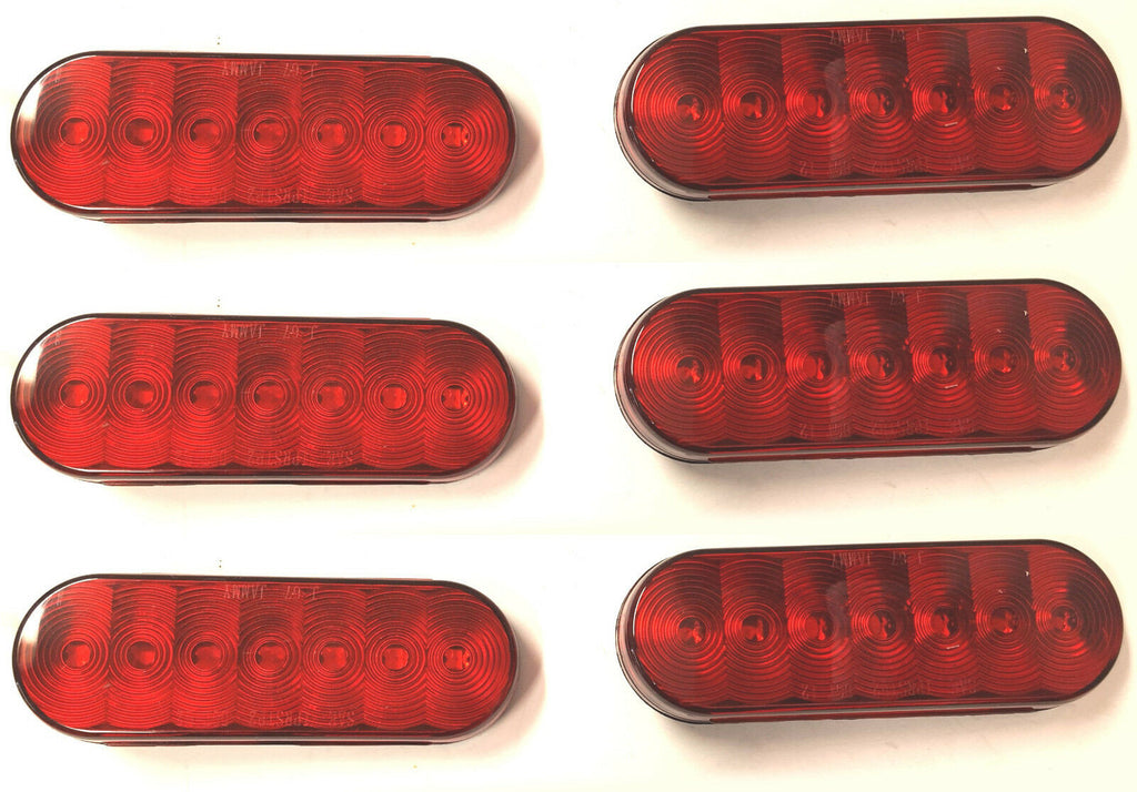 SIX - 6" LED Light Oval Stop Turn Tail Red Red 7 Diode Grommet Trailer Truck RV (J-67-R-LOTOF6)