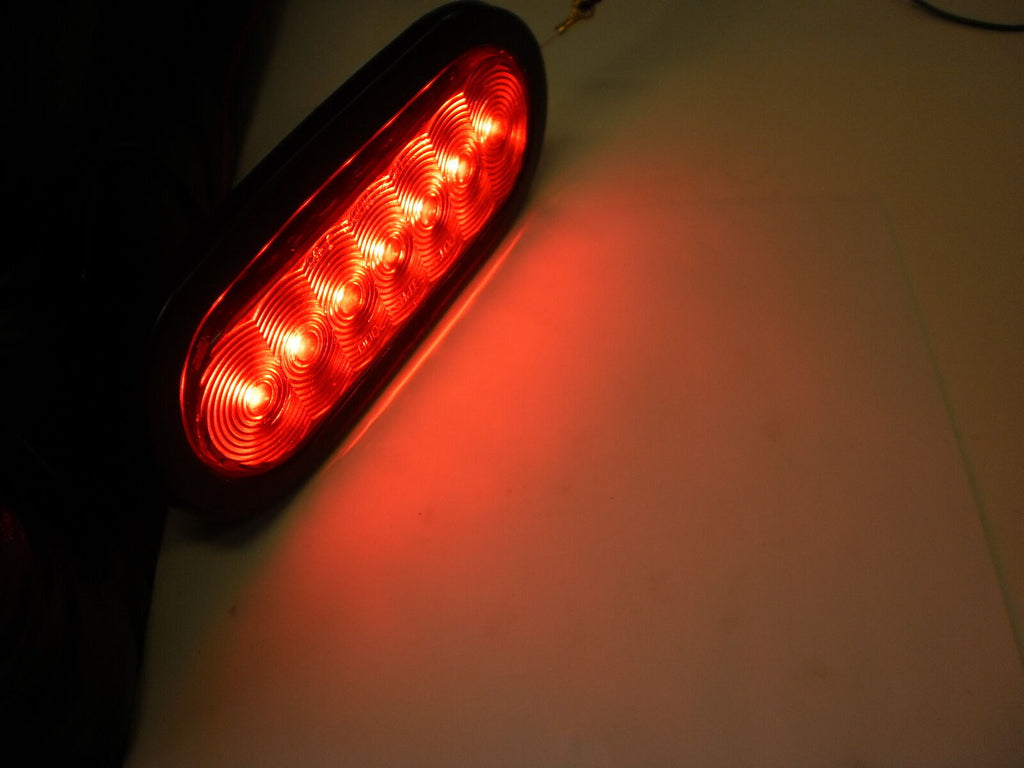12- 6" LED Light Oval Stop Turn Tail Red Red 7 Diode Grommet Trailer Truck RV (J-67-R-LOTOF12)