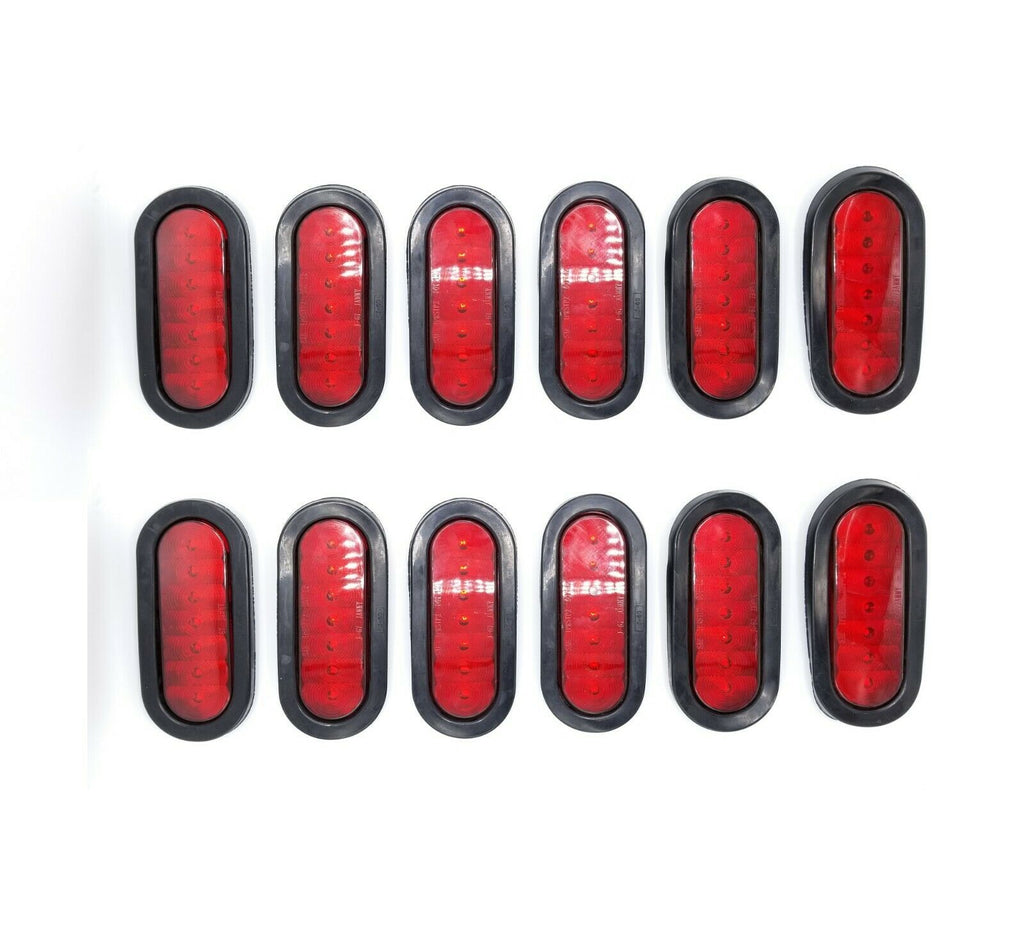 12- 6" LED Light Oval Stop Turn Tail Red Red 7 Diode Grommet Trailer Truck RV (J-67-R-LOTOF12)